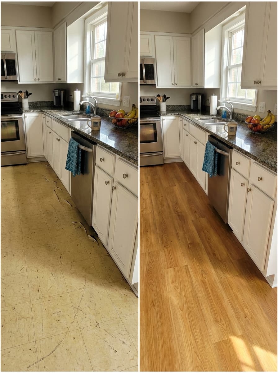 Kitchen flooring before and after — old vinyl replaced with LVP
