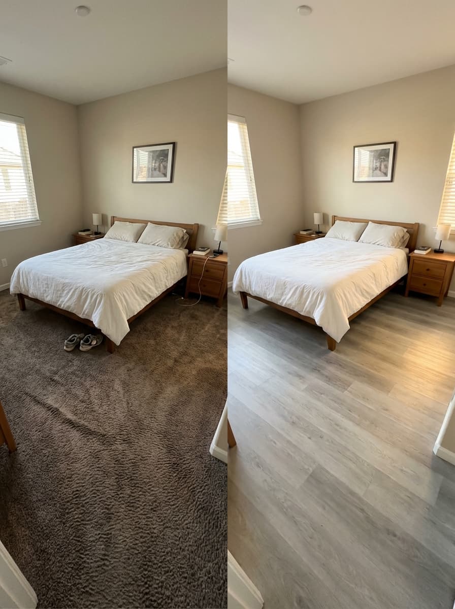 Bedroom before and after — dark carpet replaced with light grey LVP