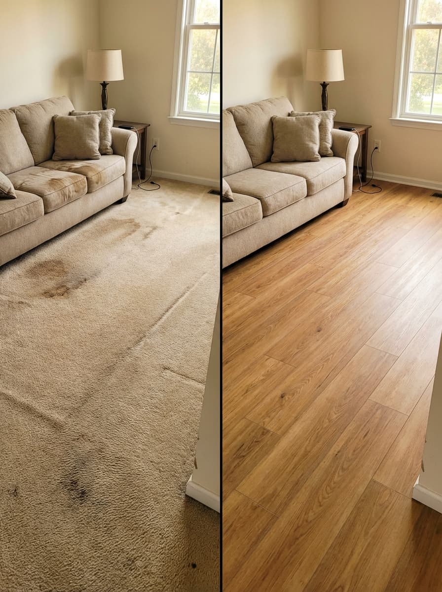 Living room before and after — stained carpet replaced with hardwood