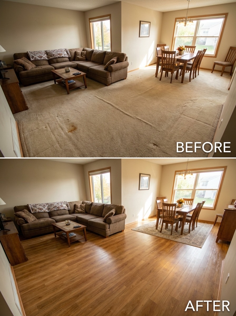 Full room before and after: carpet replaced with hardwood flooring