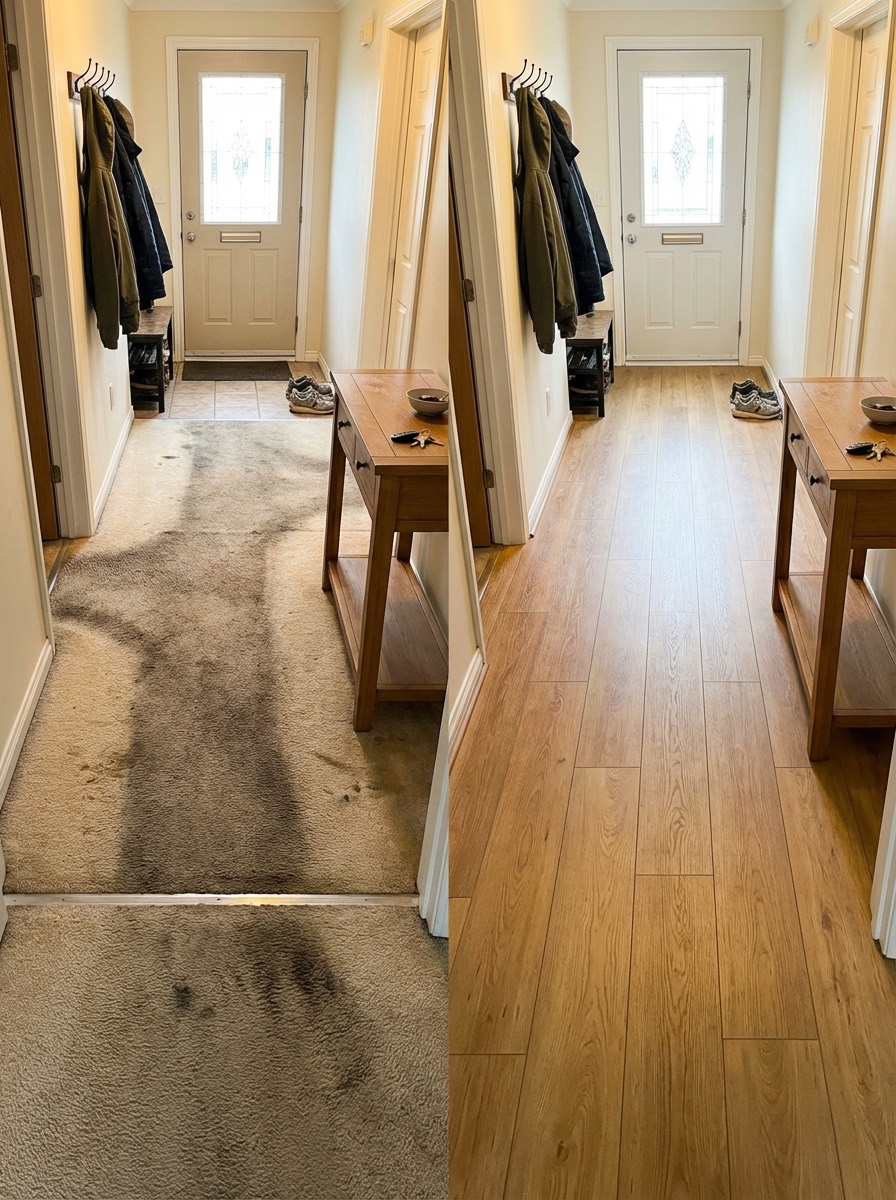 Hallway before and after: old carpet replaced with LVP