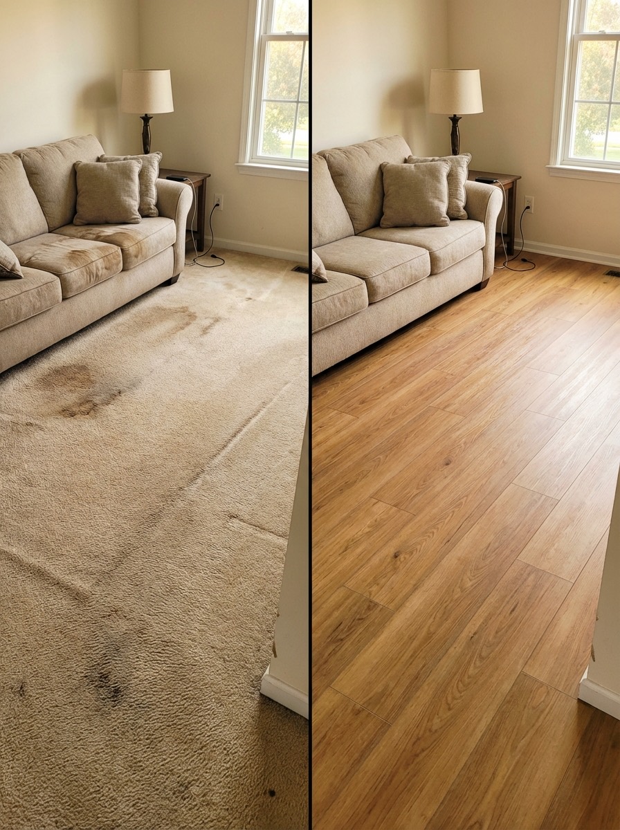 Living room before and after: old carpet replaced with hardwood